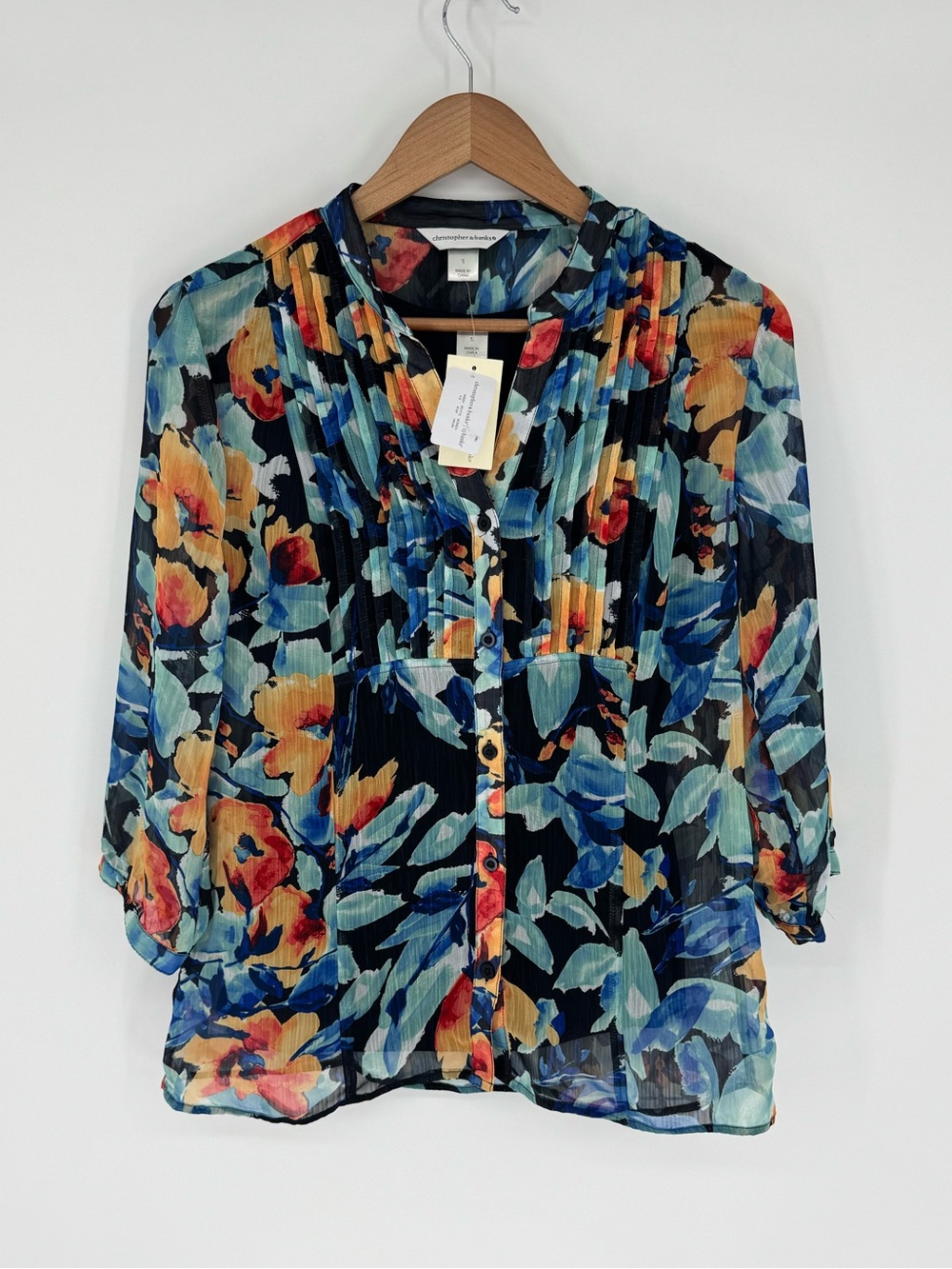 NWT Christopher & Banks Women's Sz Small Navy Floral Blouse w/Built in Tank N8